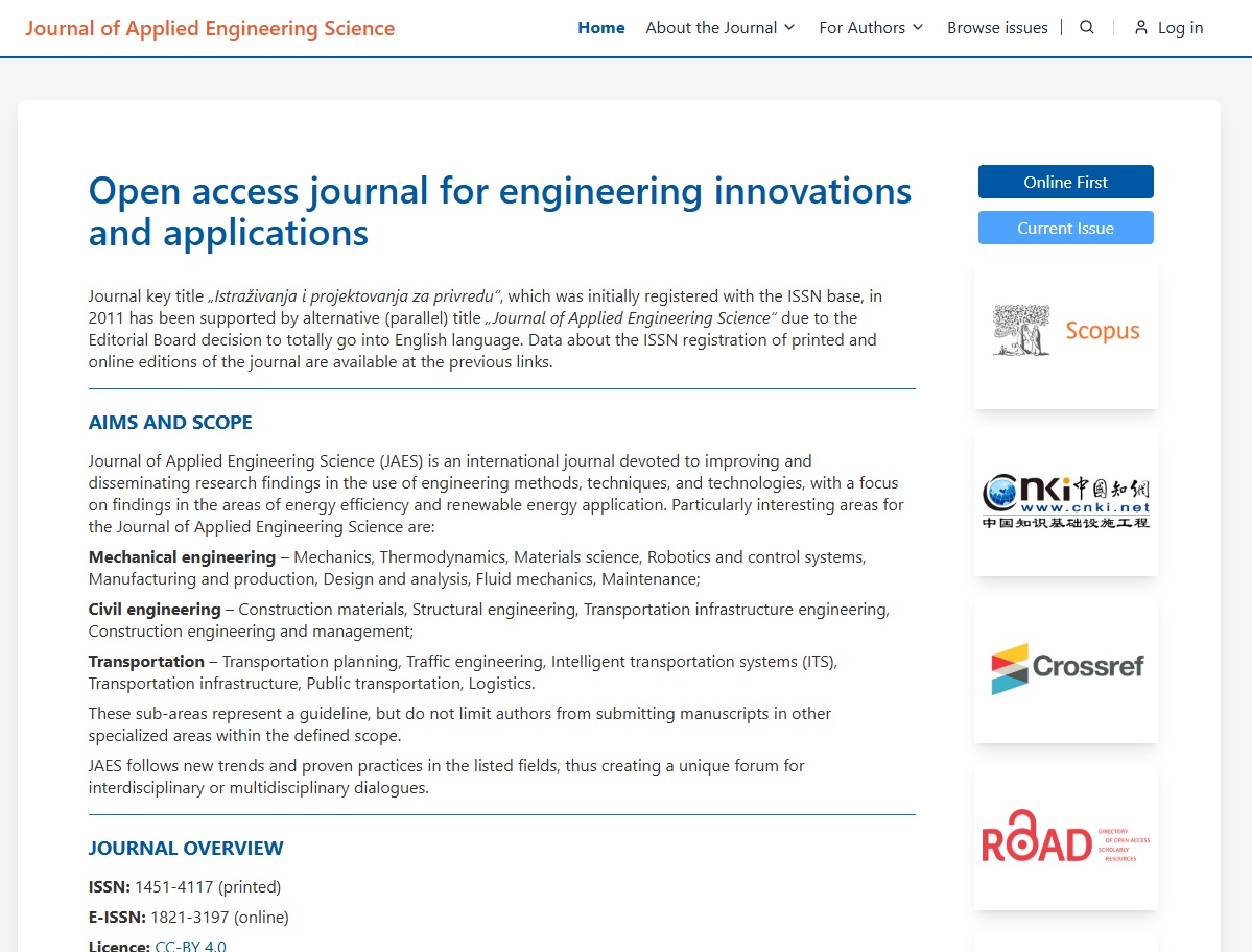 Journal of Applied Engineering Science